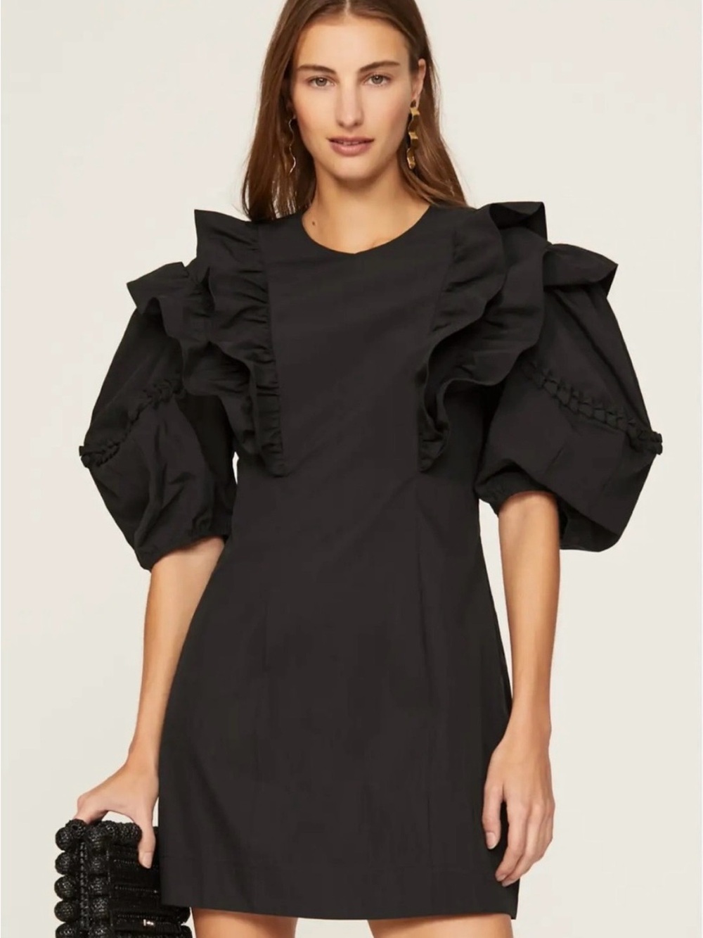 Rhode Black Ruffle Puff-Sleeve Mini Dress